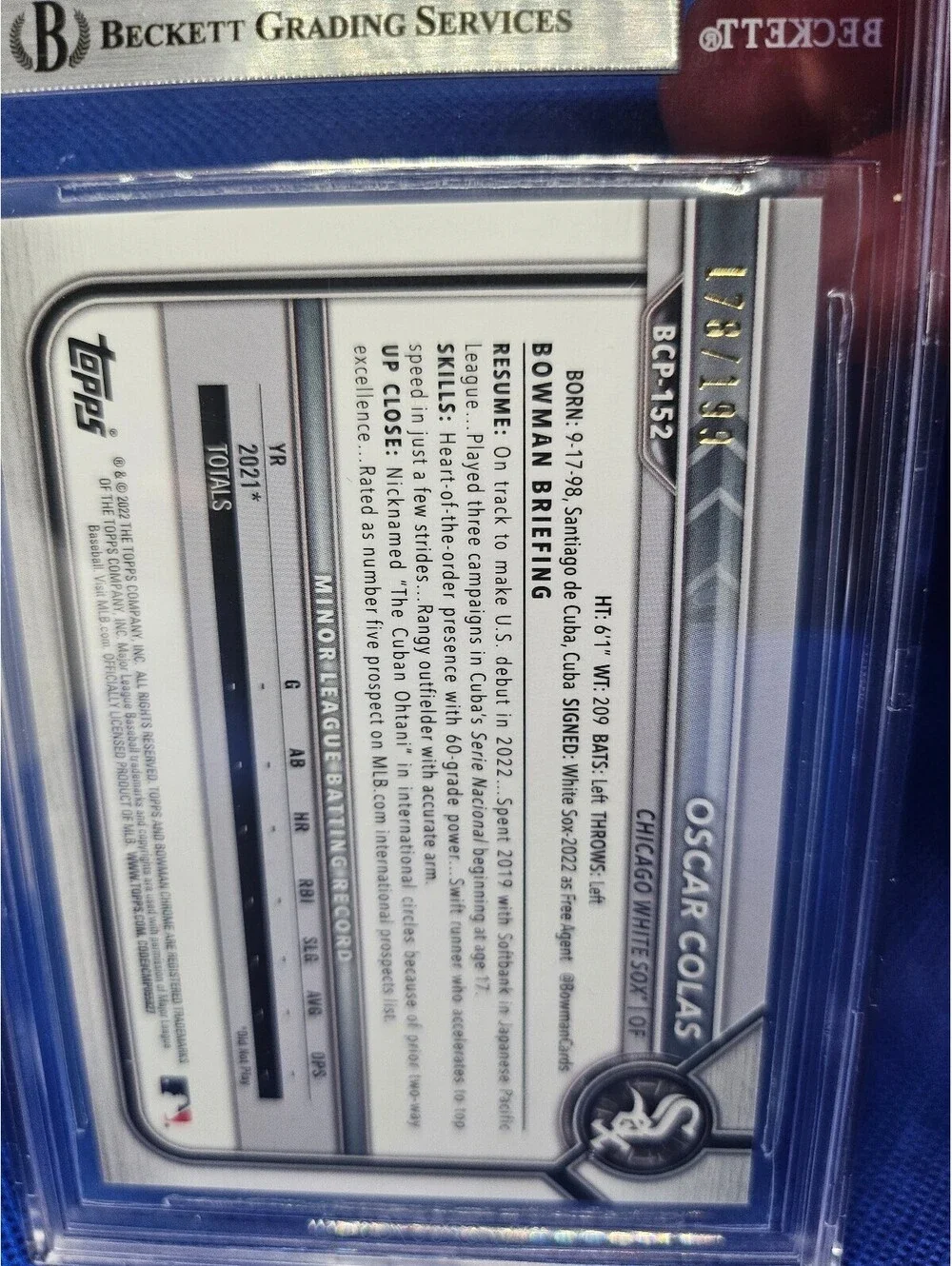 Oscar Colas[Fuchsia Pink Shimmer Refractor] #BCP152 2022 Bowman Chrome 8.5 grade